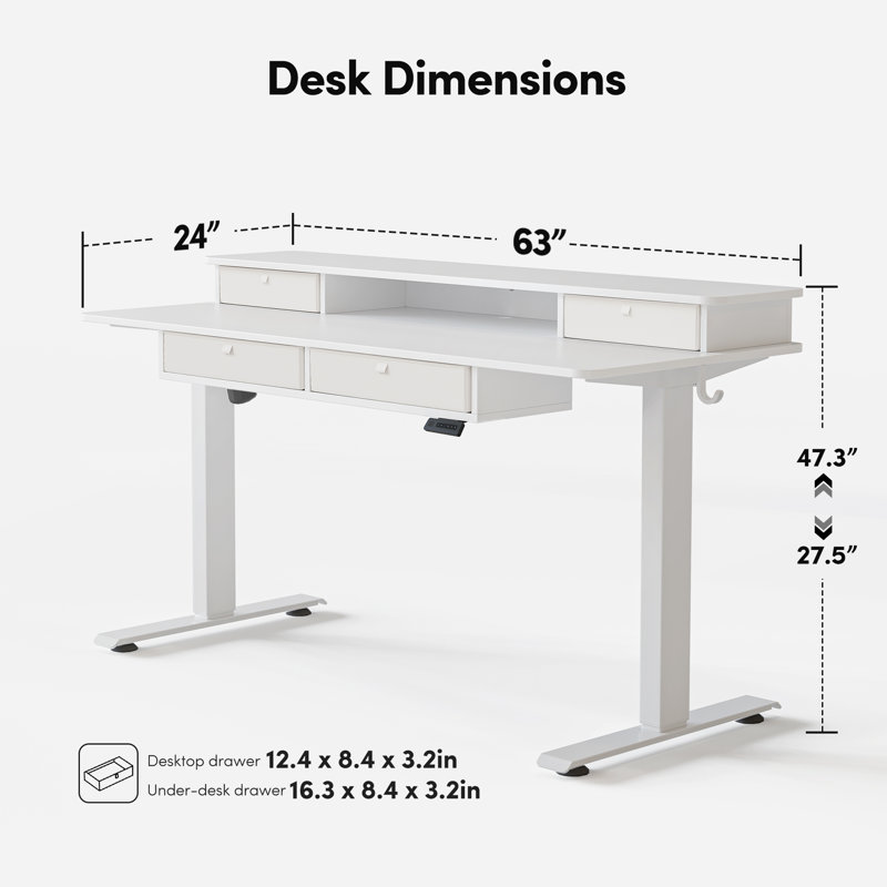 Basil Height Adjustable Standing Desk With Drawers, White, 47.3" H x 63" W x 24" D