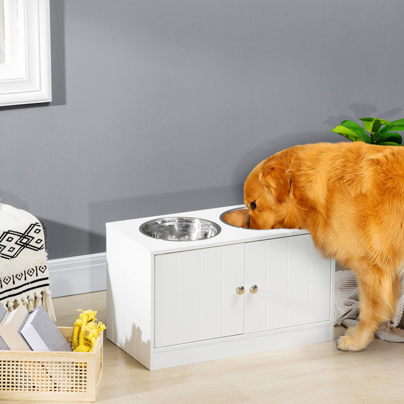 Gamelles surélevées pour grands chiens, station d'alimentation avec support et rangement, blanche, 60 x 30 x 35,5 cm, Blanc