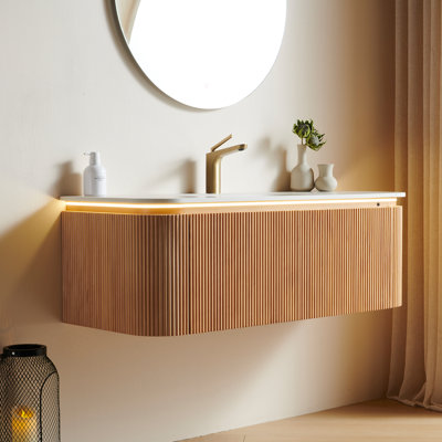 48" Floating Bathroom Vanity | Integrated Travertine Sintered Stone Basin, Sensor LED Light, 3D Striped Natural Wood Cabinet, 2 Soft-Close Drawers