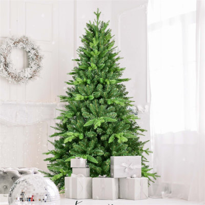 Arbre de Noël 9 pi avec 750 lumières DEL chaudes, branches à charnières réalistes en PE + PVC et support en métal pour une installation facile