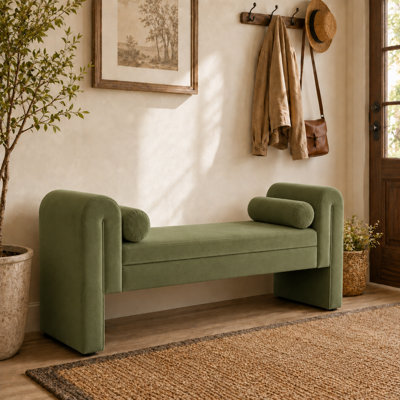 Velvet End Table, 60.5-inch Storage Stool, Storage-enabled Long Bench Armchair, Sofa Chair with Rolled Armrests and Button-filled Cushions, Suitable for Seating in Living Room and Entrance Area