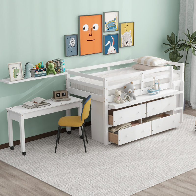Higinia Kids Loft Bed with Drawers, Twin, White