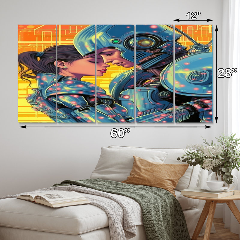 «Gorgeous Robot Couple In Love II» - Art mural sur toile robot - 5 panneaux égaux