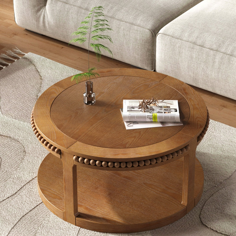 Table basse et canapé 31,5 pouces en bois massif rond - plateau épaissi à deux niveaux, pieds robustes, table circulaire
