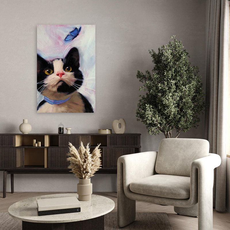 Chat et papillon - animaux, papillons, chats, art, H 36 po x l 24 po