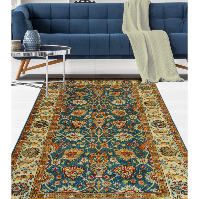 Tapis unique en laine noué à la main bleu / brun 3 pi 2 po x 4 pi 10 po Carlotta