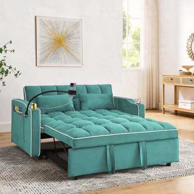 Canapé-lit pliable polyvalent de 55,51 pouces en 3 longueurs, canapé-lit moderne en velours coulissant, dossier réglable et avec port USB, cendrier et support pour téléphone pivotant