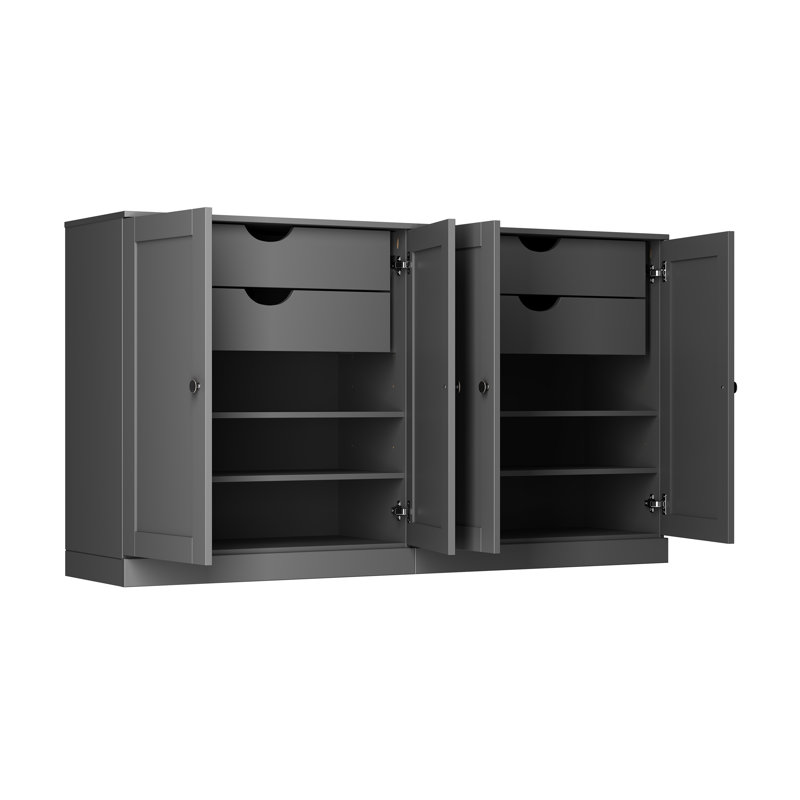 Buffet 100% bois massif 64 po avec portes Shaker, 4 tiroirs et tablettes réglables, Gris