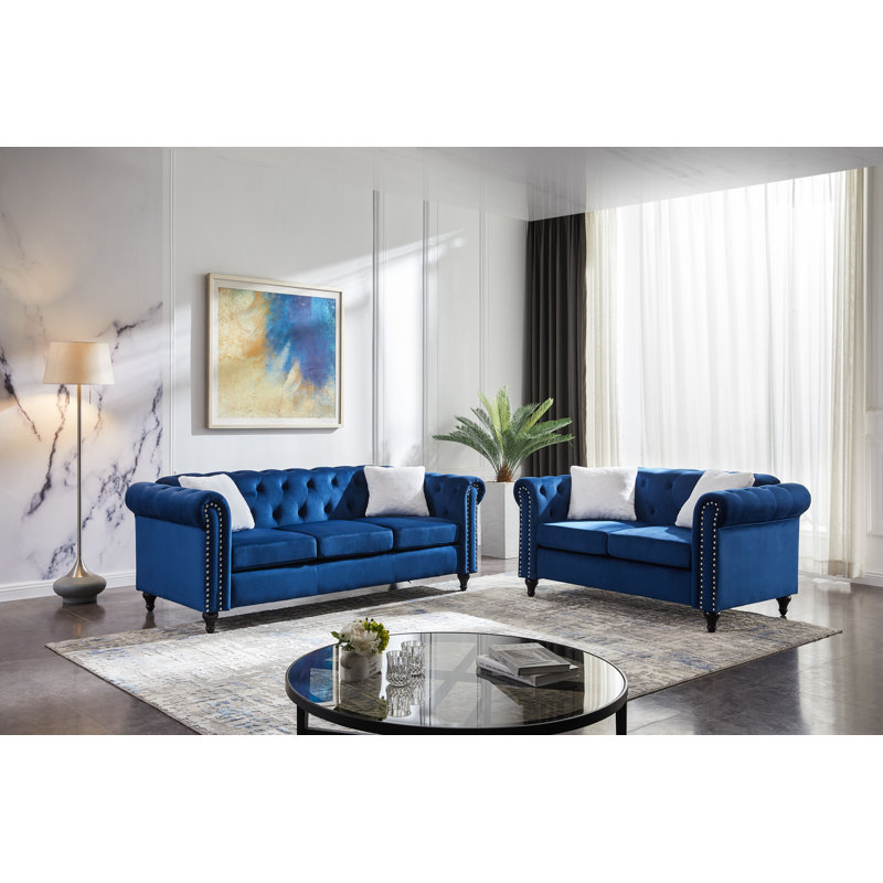Canapé modulaire 2 pièces Jemiyah, Velours bleu