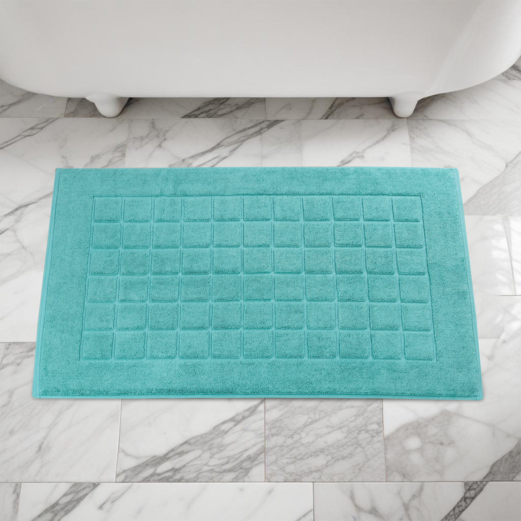 Nora Cotton Terry Solid Absorbent Thick Checkered Washable 2 Piece Bath Mat Set, Turquoise