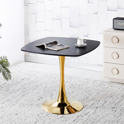 Table carrée de style moderne du milieu du siècle (80 cm) pour 2 à 4 personnes, avec pied tulipe noir et or et établi intégré. Parfait pour les coins repas en appartement ou pour les petits déjeuners entre amis.