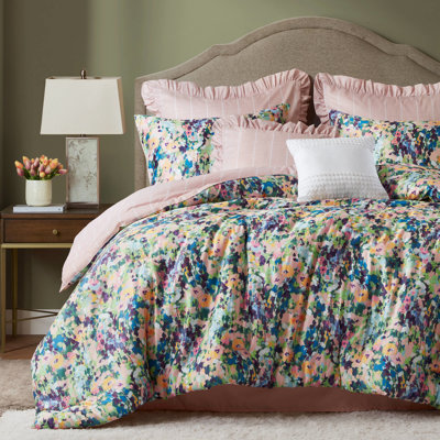 King 8 - Piece Comforter , Soft Back, Ruffle Details, All Season Use 8pcs With Abstract Floral Ornament, Bartack Configuration, And Quality