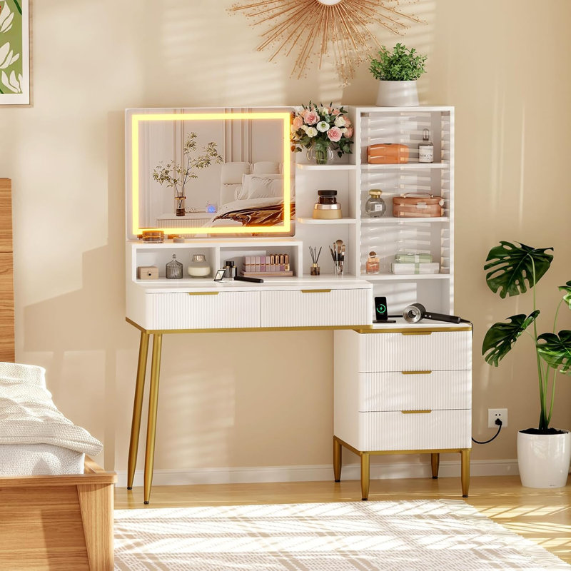 Bureau de maquillage avec lumières et prise électrique, Blanc / Doré