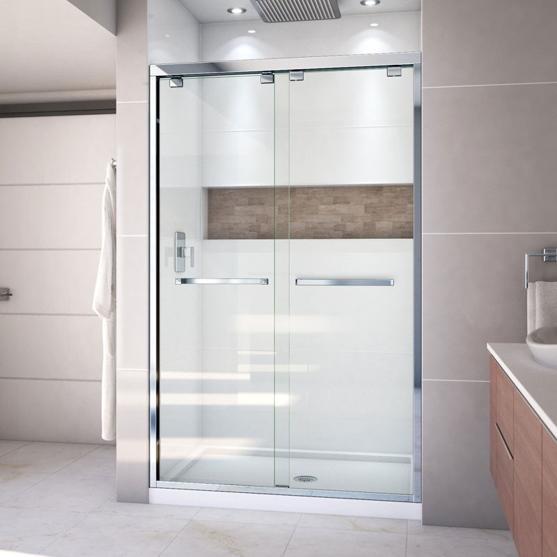 Encore 48" W x 36" D x 78.75" H Semi-Frameless Sliding Shower Enclosure with Base Included, Chrome/White