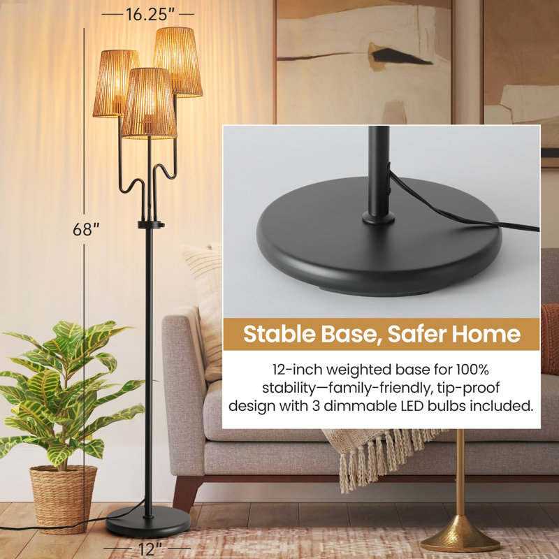 Lampe sur pied Boho à intensité variable de 68 po avec 3 branches courbées, abat-jour en rotin tissé et ombres douillettes