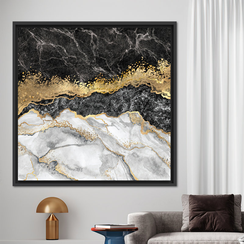 Art abstrait sur toile marbrée noire et dorée - impression à l'encre moderne et luxueuse, H 41 po x l 41 po