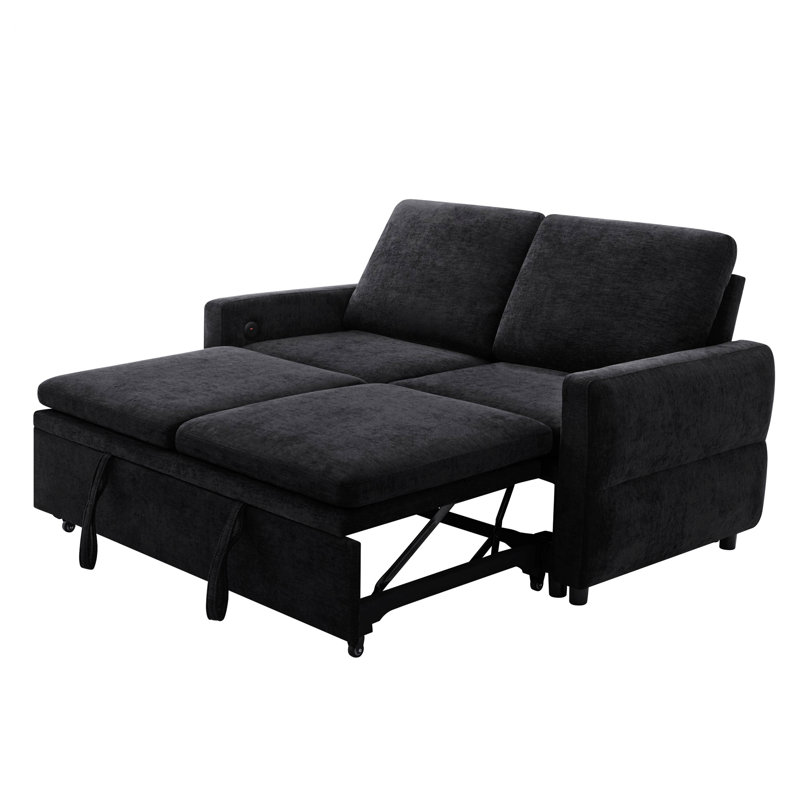 Canapé-lit convertible avec dossier réglable à 3 positions, ports USB pour petits espaces, Chenille noir