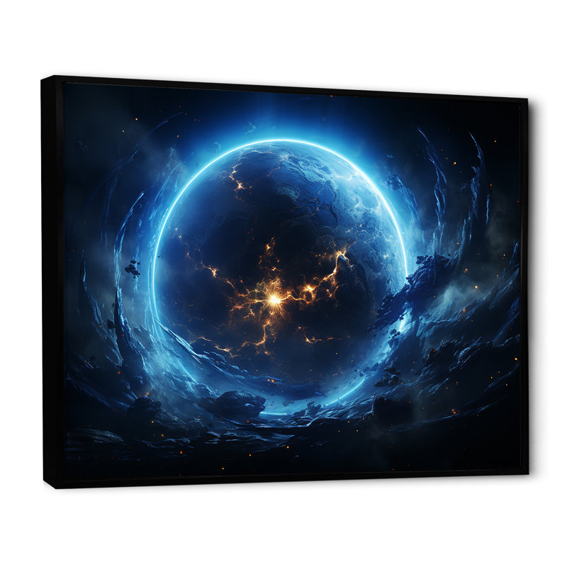 Blanc et bleu, espace cosmique II, art mural, Cadre flottant noir, H 30 po x l 40 po x P 1,5 po