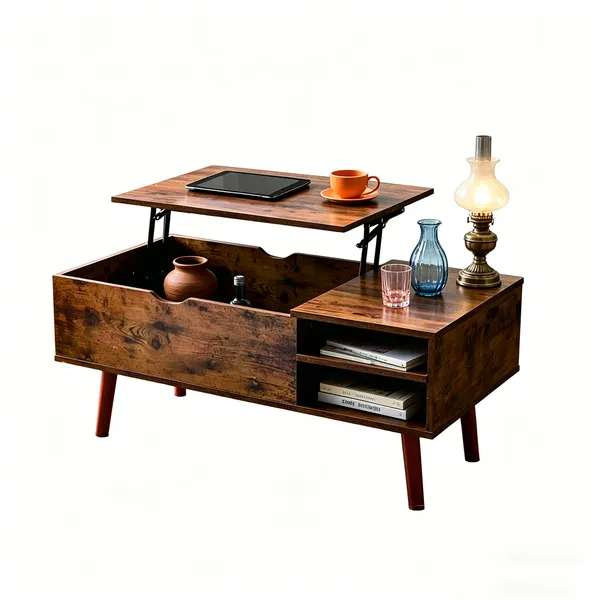 Table basse multifonctionnelle à plateau relevable avec compartiment caché et 2 casiers, mécanisme de levage robuste, tables centrales en bois brun avec rangement, hauteur réglable, style contemporain