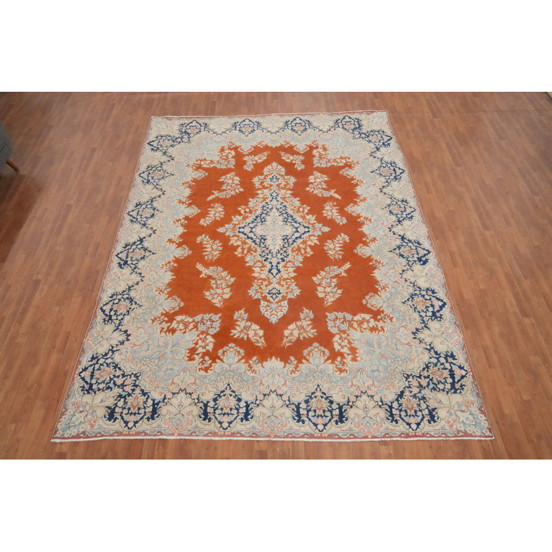 Tapis traditionnel orange en laine à motif floral 10 x 13