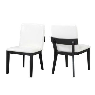 Modern Black-Finish Wood & White Glossy PU Leather Upholstered Dining Chairs Set Of 2