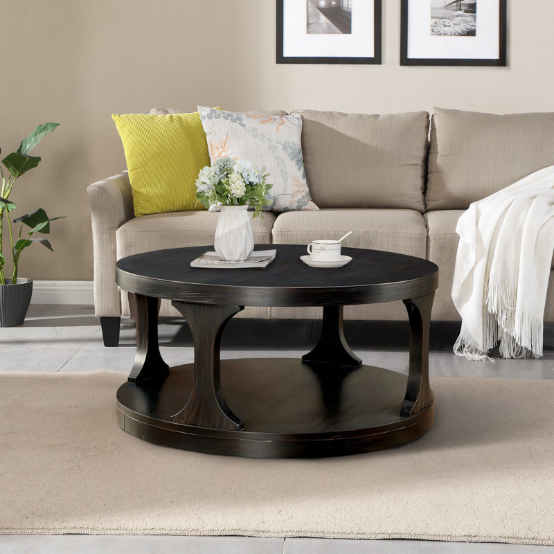 Antique Black Solid Wood Round Coffee Table With Storage