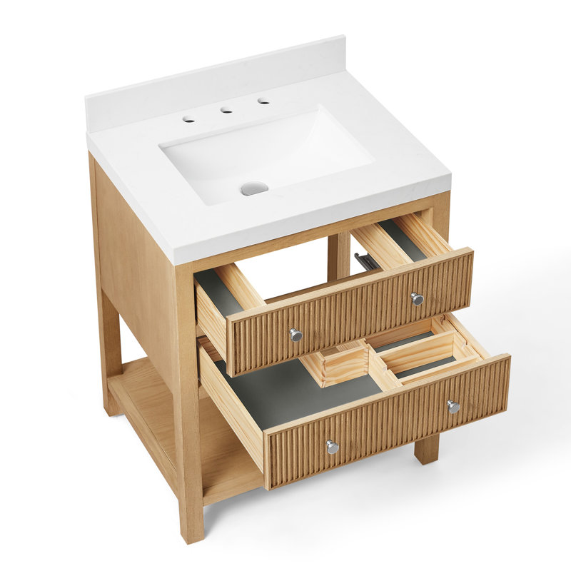 Meuble-lavabo Capri 28 po en bois massif avec un seul lavabo et un comptoir en quartz blanc Thassos de 2 po., Chêne naturel