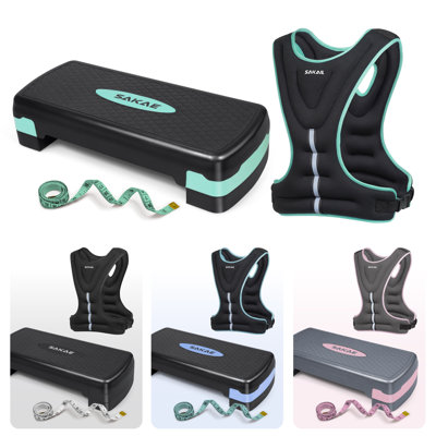 Aerobics Step Platform Set with Weighted Vest & Measuring Tape, Adjustable Height 2 Level Risers Workout Step Trainer with Non-Slip Surface, Step Platform for Home Exercise, Green
