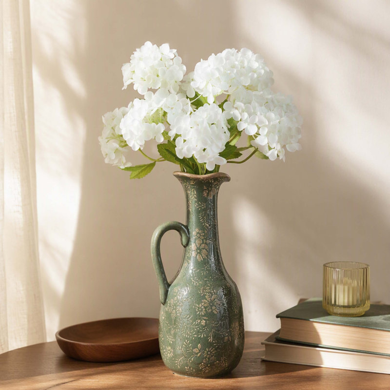 Pichet/vase rustique en céramique vert olive, décor vintage à imprimé floral