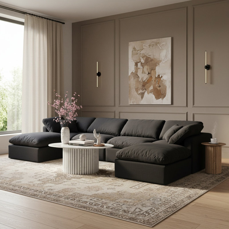 Canapé modulaire en coin 6 pièces Hinami, Tissu texturé en lin noir
