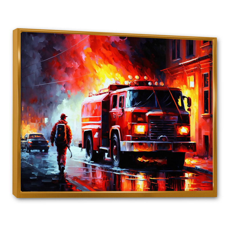 Fiery Pursuit I - The Fire Truck'S, L 44 po x H 34 po, Cadre flottant doré