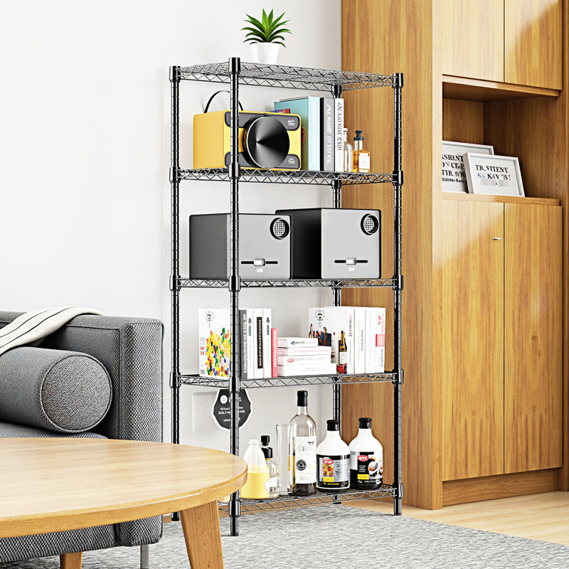 Étagère robuste en acier à 5 niveaux de 1250 lb pour la cuisine, la salle de sport, la maison et le bureau, conception minimaliste noire, tablettes réglables, P 13,7 po x l 23,6 po H 62,4 po