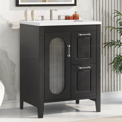 Meuble-lavabo de salle de bain avec lavabo, armoire, deux tiroirs, porte et tablette réglable, bois massif et panneau de fibres à densité moyenne pour plus de durabilité et de rangement