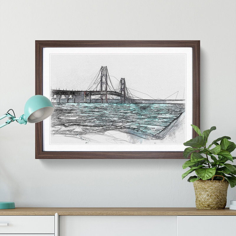 Mackinac Bridge in Michigan - Picture Frame Graphic Art Print, 62cm H x 87cm W x 2cm D, Walnut Framed