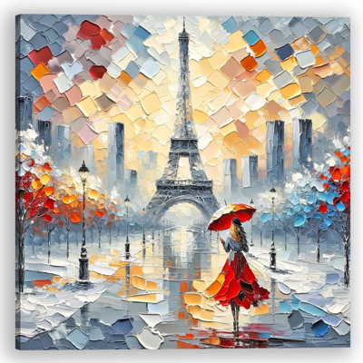 Enchanting Paris - Tour Eiffel texturée et femme se promenant avec un parapluie rouge sur toile