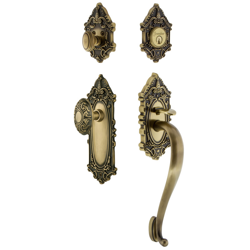 Grande Victorian Handleset with Deadbolt and Door and Rosette, Vintage Brass