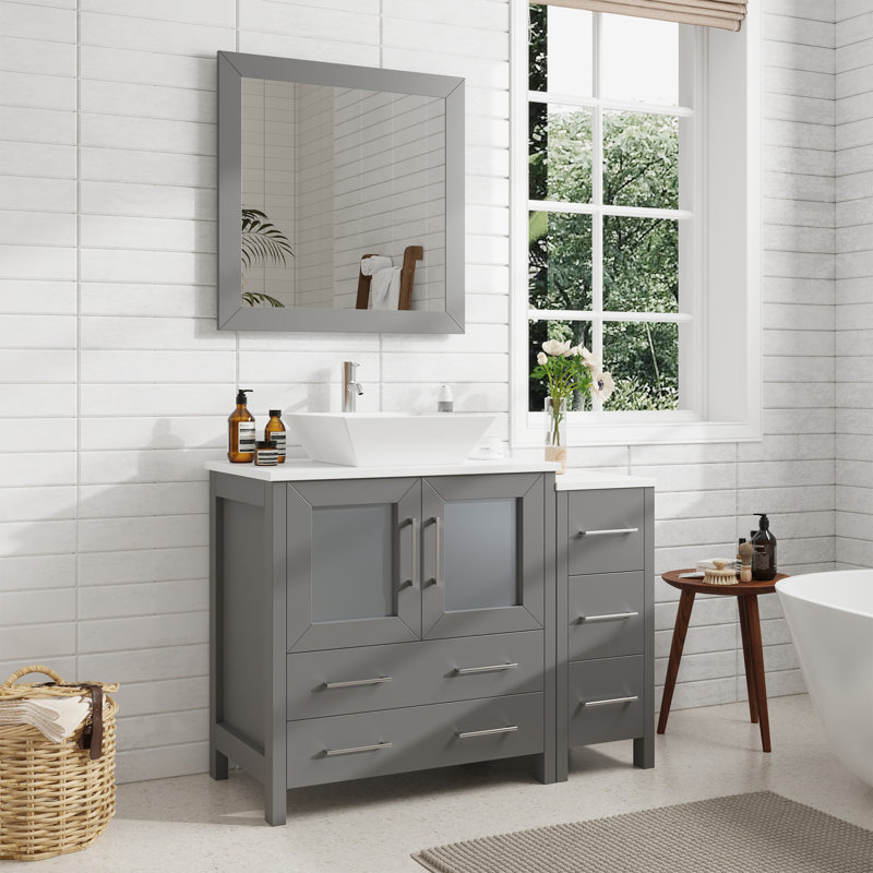  Ensemble de meuble-lavabo autoportant avec cadre en marbre et miroir assorti encadré de 42 po, Gris