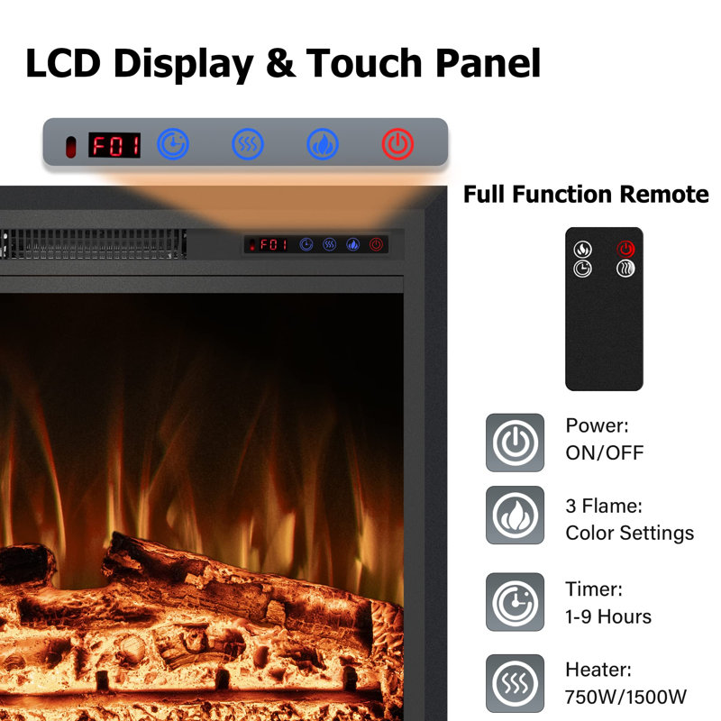 Electric Fireplace Inserts With Adjustable Flame Colors, Touch Screen & Remote, Recessed Wall Mounted, 750/1500w, Timer