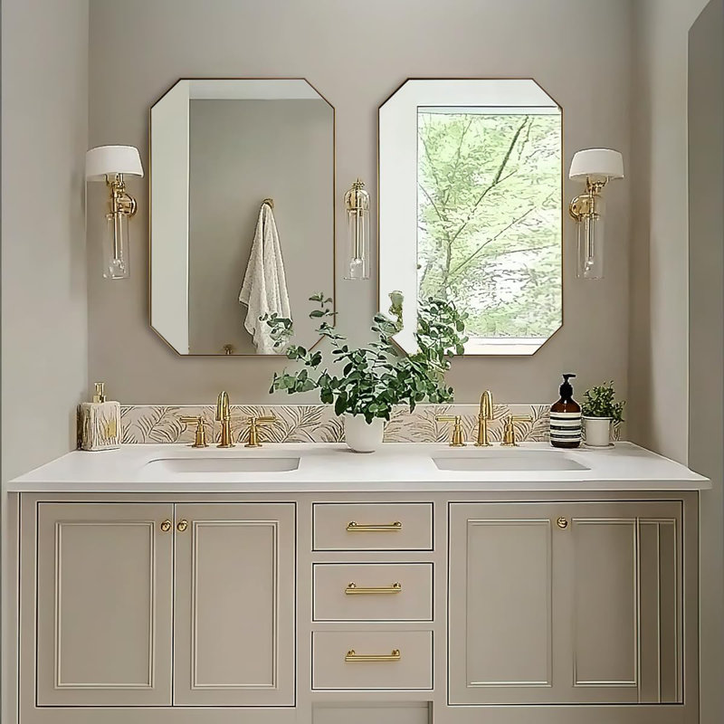 Contemporary Cut Corner Octagonal Scalloped Rectangle Mirror for Bathroom |Stainless Steel Frame, Brushed Gold, 36" x 24"