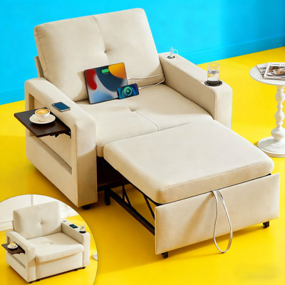 Canapé-lit simple avec ports de charge USB et Type-C, fauteuil-lit coulissant avec dossier réglable, poche de rangement, porte-gobelet et table d'appoint pliable, canapé convertible en tissu de lin pour les petits espaces