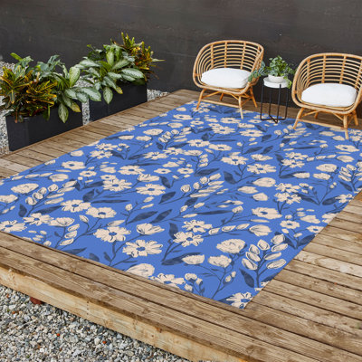 Tapis d'extérieur rectangulaire tissé à plat en polyester / chenille bleu Talbert