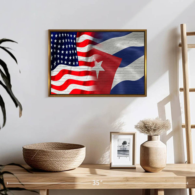 Drapeau américain et cubain, Cadre flottant doré, 19 po x 13 po