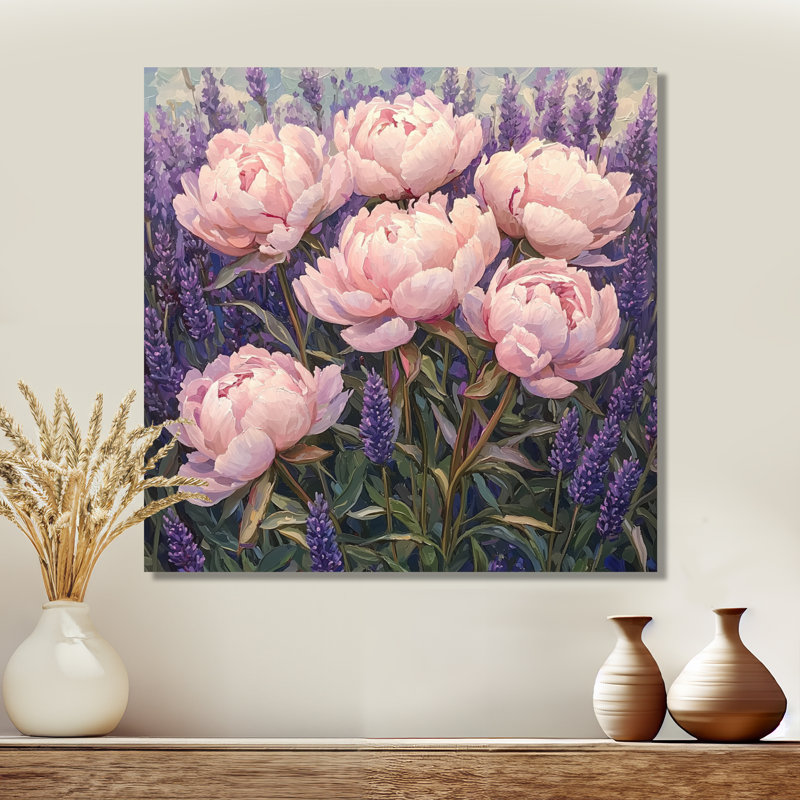 Grandes pivoines dans le jardin de lavande III - pivoines, art mural, Toile tendue, Ne s’applique pas, H 16 po x l 16 po