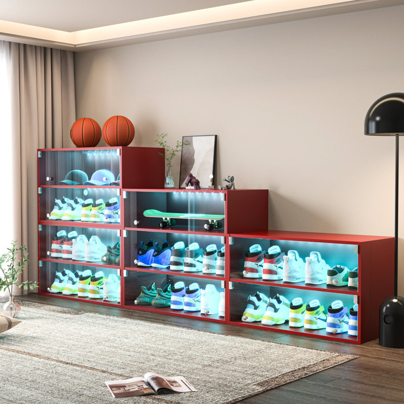 Rangement pour boîte à chaussures en verre rouge avec DEL - peut accueillir 6 paires de 18,5 po Largeur de l'emballage, panneau de particules et armoire lumineuse en bois, portes de 1/4 po, support pour espadrilles, lumières empilables, alimentées,