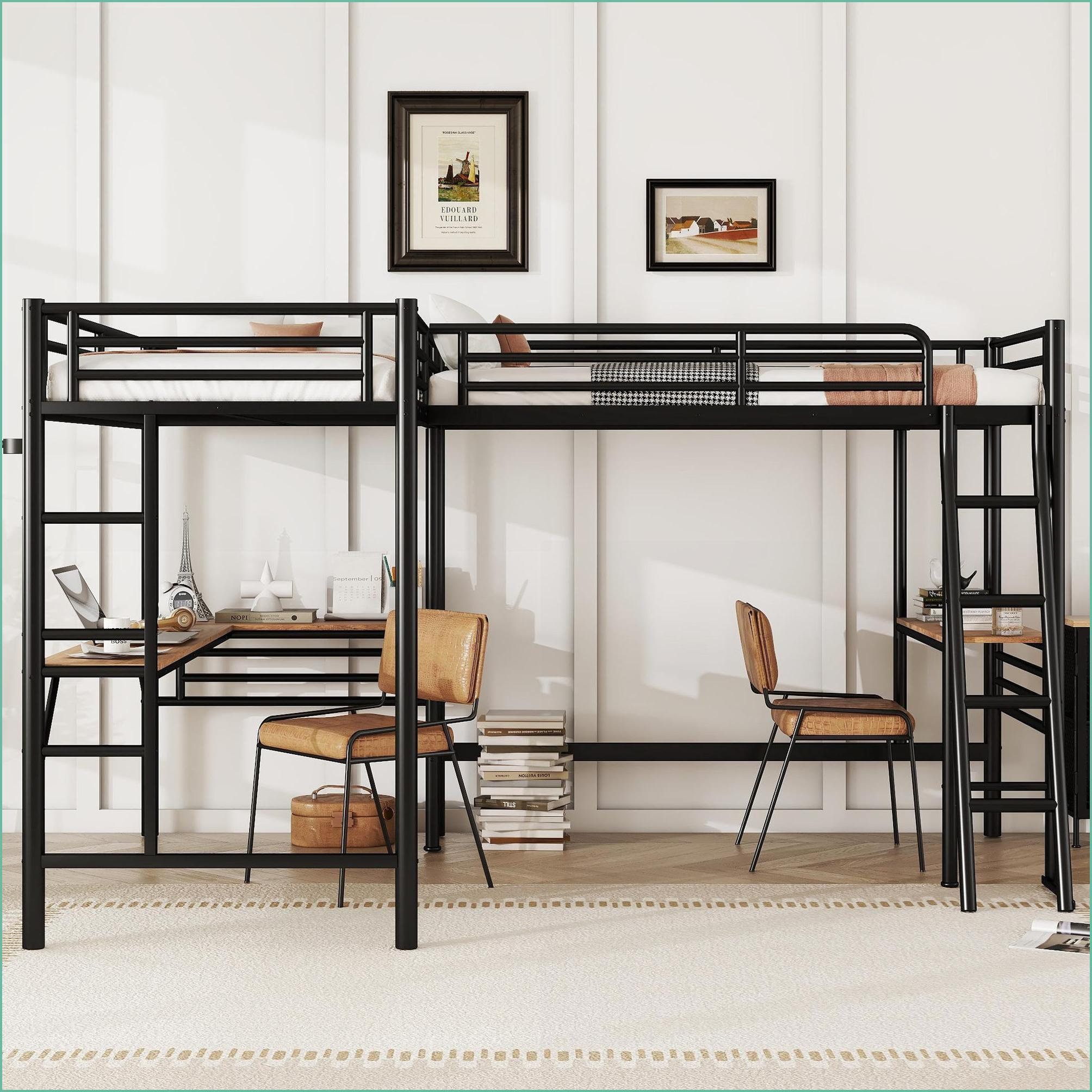Latitude Run® Twin Size Metal L-Shaped Loft Bed with 2 Built-In Desks ...