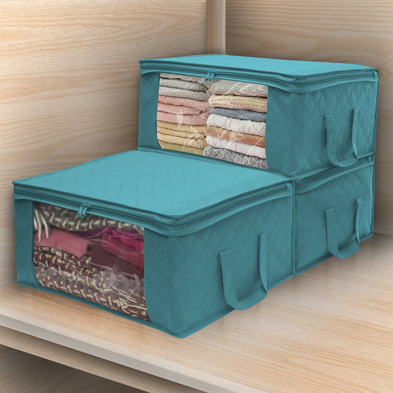 Bamboo Sorbus Foldable Storage Fabric Cube Bin Bag Organizers, Aqua