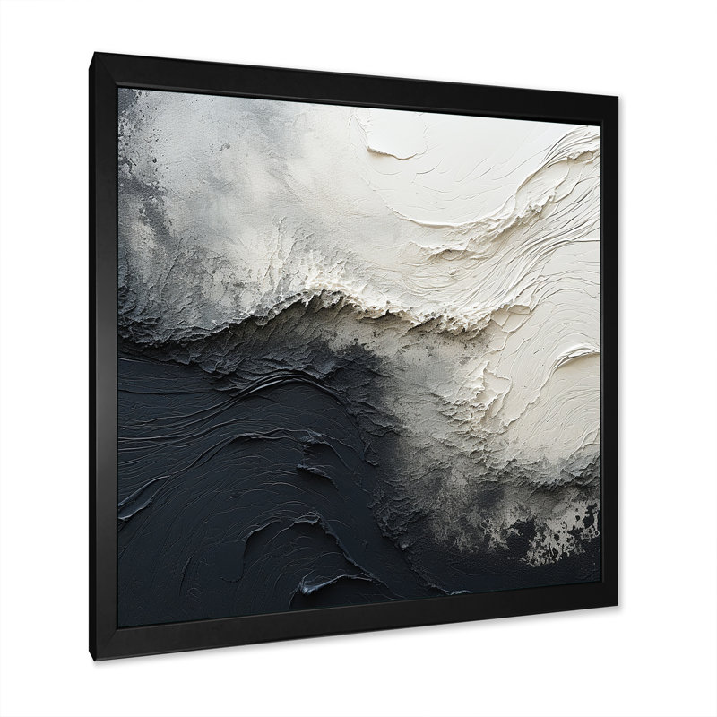 Minimalisme, peinture noire et blanche, vague I - art mural encadré bord de mer, H 36 po x l 36 po x P 1,5 po