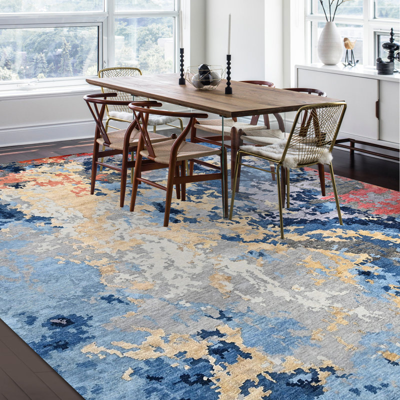 Hand Knotted Abstract Area Rug in Blue/Gold/Red/Gray, Rectangle 12' x 15'