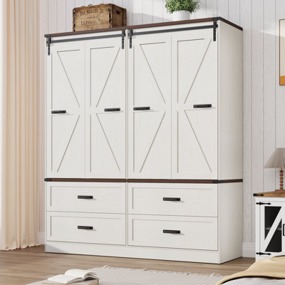 73.00''H Armoire Wardrobe With Sensor Light, Drawers, Hanging Rod And Folding Sliding Barn Doors