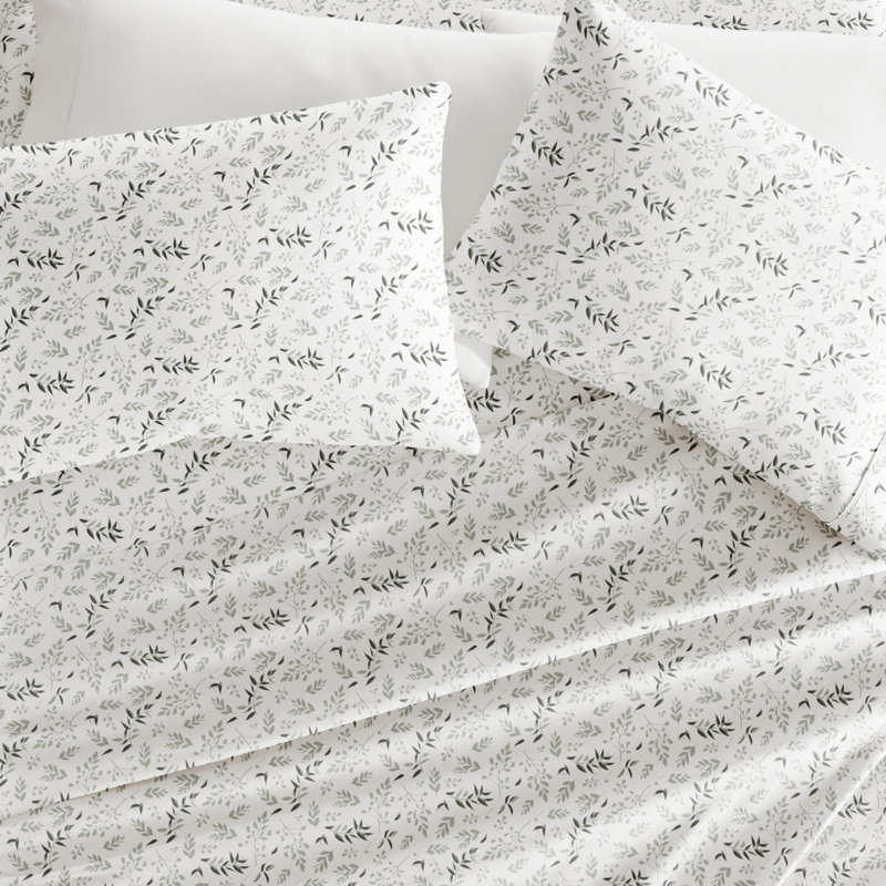4 Piece Sheet Set Patterned Microfiber Ultra Soft Bedding in Floral Dream, Queen, White Green